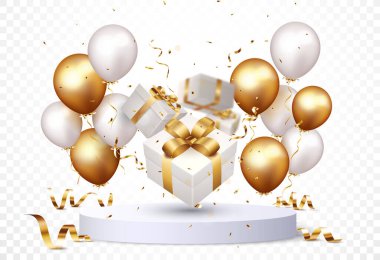 Altın konfeti ve balonlarla dolu, şeffaf arkaplanda izole edilmiş hediye kutusu illüstrasyonu