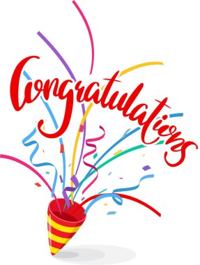 Şeffaf arka planda izole edilmiş konfetili tebrik pankartı.