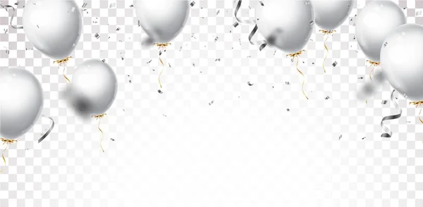 Beyaz Arka Planda Gümüş Balonlar Konfetilerin Vektör Illüstrasyonu — Stok Vektör