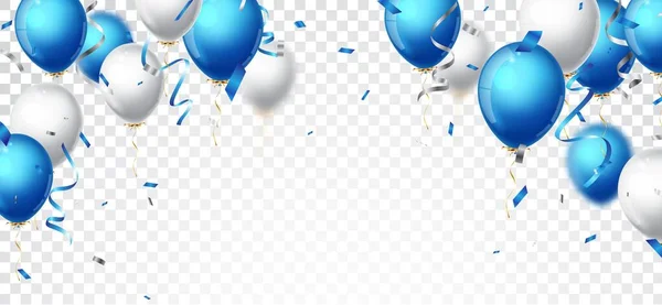 用蓝色 白色气球和五彩纸屑展示生日庆祝横幅 — 图库矢量图片