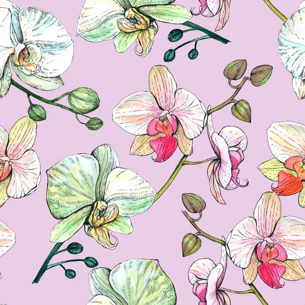 White, pink and green orchids on a pink background. Watercolor seamless floral pattern.