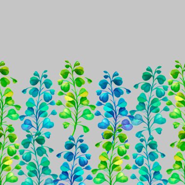Gri arkaplandaki renkli dalların sınırı. Sarı-mavi bitkiler suluboya çizimi.