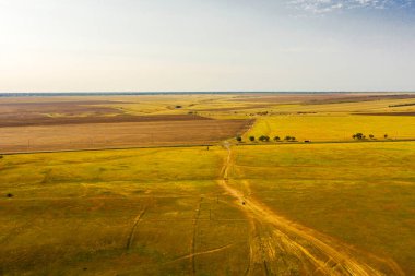 Bozkır manzarası, insansız hava aracının arka planından geçen yollar. Yüksek kalite fotoğraf