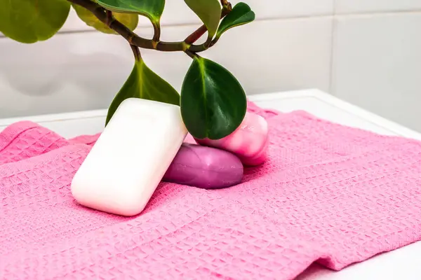 Pieces Soap Towel Bathroom Next Houseplant High Quality Photo — Stock Photo, Image