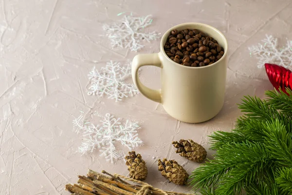 Mug Coffee Beans Fir Twigs Bundle Brushwood Pine Cones Christmas — Stock Photo, Image