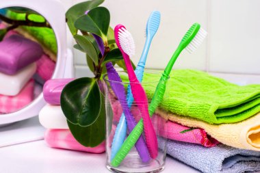 Cam sabun havlusundaki diş fırçaları ayna ve banyodaki masanın üstündeki bitki. Yüksek kalite fotoğraf