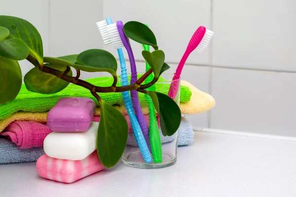 Stack Towels Pieces Soap Toothbrushes Glass Houseplant Bathroom Table High — Stock Photo, Image