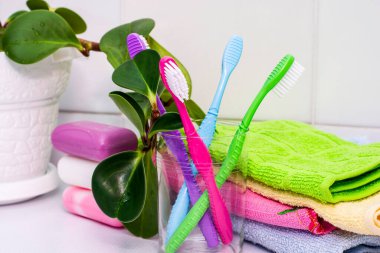 Bir yığın havlu bardakta sabun diş fırçası ve tuvalet masasında bir saksı. Yüksek kalite fotoğraf