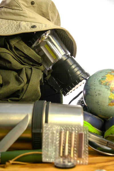 Tourist Backpack Lantern Thermos Globe Compass Folding Knife Matches Old — Zdjęcie stockowe