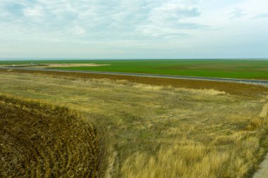 Kırsal bozkır arazisi, ekili toprak ekinleri yol ve bulutlu gökyüzü. Yüksek kalite fotoğraf
