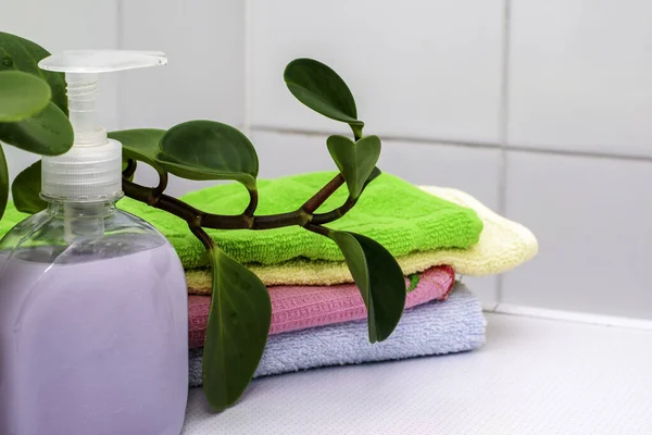 Stack Towels Bottle Liquid Soap Houseplant Bathroom Table High Quality — Stock Photo, Image