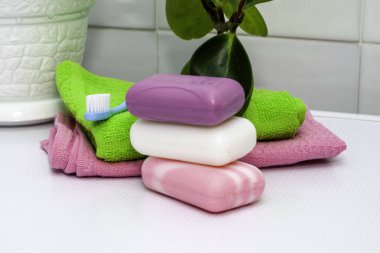 Havlular, sabun, diş fırçası ve tuvalet masasının üzerindeki saksı. Yüksek kalite fotoğraf