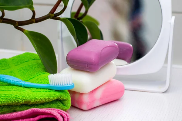 Stack Towels Soap Toothbrush Mirror Houseplant Bathroom Table High Quality — Stock Photo, Image
