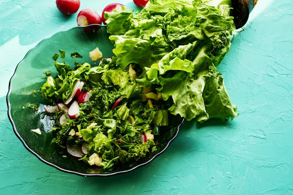 Salad Radish Greens Cheese Plate Next Lettuce Leaves Radishes High — Stock Photo, Image