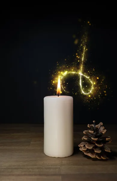 White Burning Candle Wooden Table Dark Background Pinecone Copy Space — Stock Photo, Image