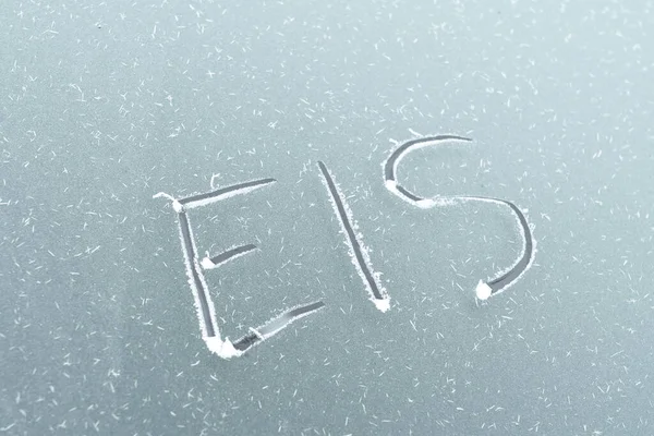 Frozen Car Window German Word Ice Scratched Ice — Stok fotoğraf