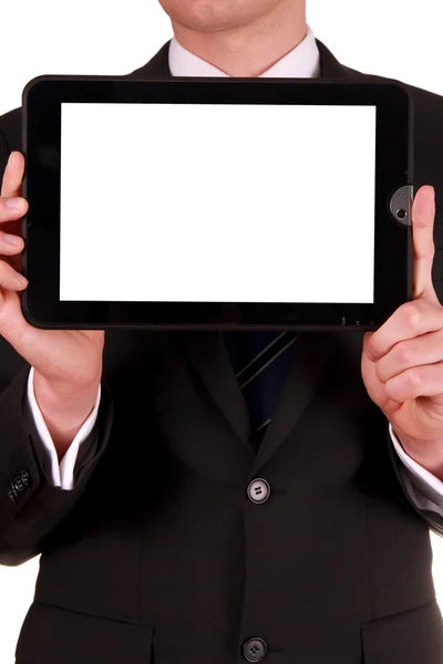 Affärsman anläggning tablett med Tom vit skärm — Stockfoto