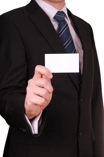 Businessman showing blank business card isolated on white backgr — Stock Photo, Image