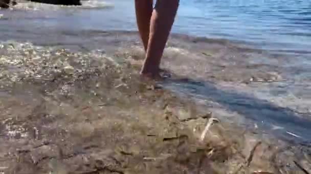 足を閉じる晴れた日に海の近くのビーチに沿って歩く少年 — ストック動画