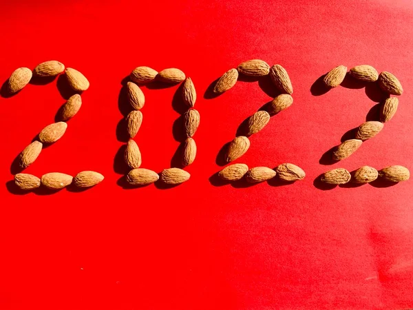 Obrázek 2022 s ořechy na červeném pozadí — Stock fotografie
