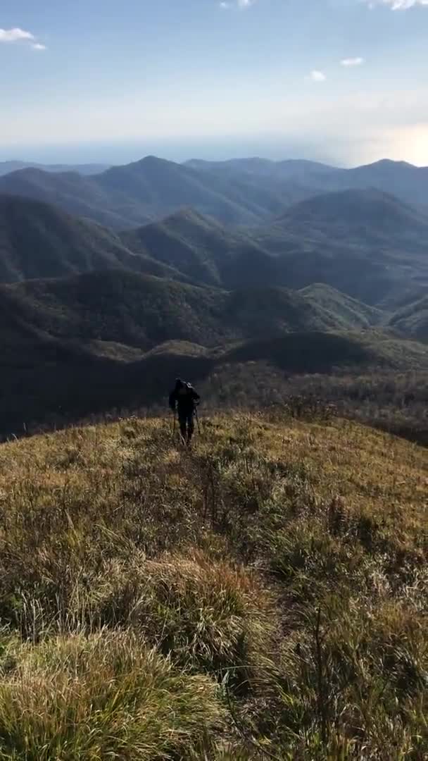 Hombre Excursionista Sube Cima Montaña Largo Sendero Herboso Estrecho Utilizando — Vídeos de Stock