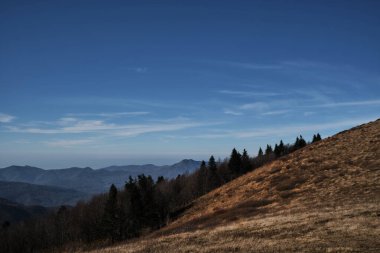 Ulusal parktaki güzel dağ manzarası ve sonbahar vadisi manzarası. Dağların siluetleri ve arka planda karanlık ormanlar. Erkeklerin dokunmadığı vahşi hayat güzeldir..