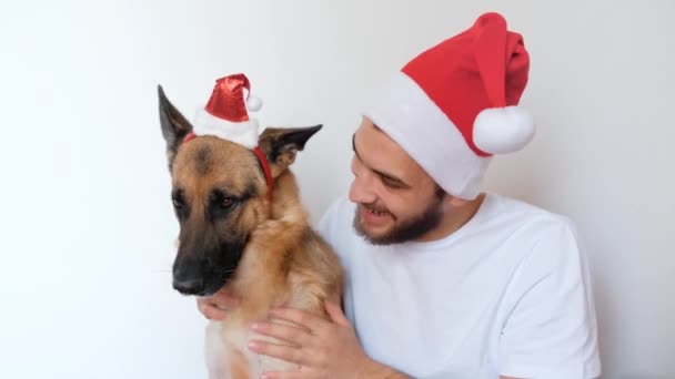 Celebrate Christmas New Year German Shepherd Man Best Friend Caucasian — Stock Video