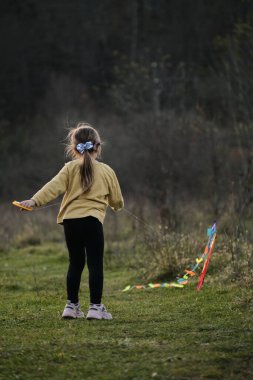 Küçük Kafkasyalı kız uçurtmayla oynuyordu ve uçurtma çimenlere düştü. Çocukluğunu dışarıda, doğada geçirirken iyi eğlenceler. Yaşam tarzı kavramı.