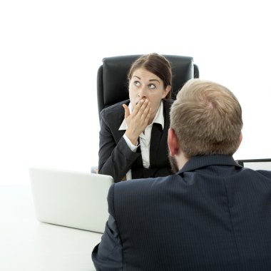 Sakal iş adam esmer kadın Danışma, konuşma sırasında bıkkın