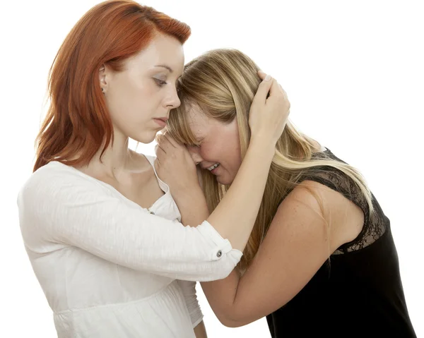 Young beautiful red and blond haired girls cry and console — Stock Photo, Image