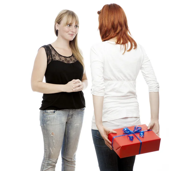 Junge schöne rot- und blondhaarige Mädchen mit Geschenk auf dem Rücken — Stockfoto