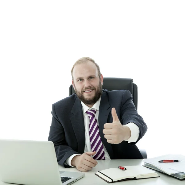 Homem barba polegar na mesa — Fotografia de Stock