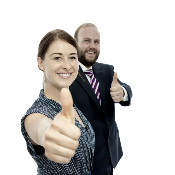 Young brunette woman and beard business man thumb up — ストック写真