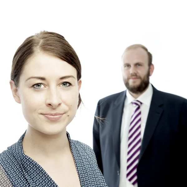 Young brunette woman and beard business man portrait — Stock Photo, Image
