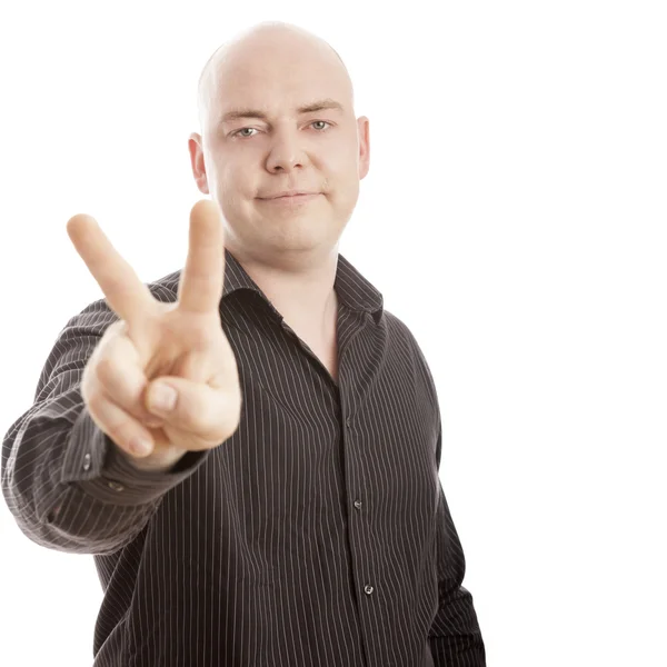 Homem careca posar na frente do fundo branco — Fotografia de Stock