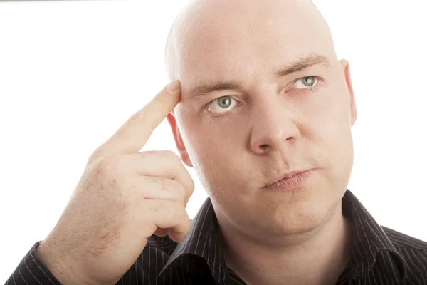 Homem careca posar na frente do fundo branco — Fotografia de Stock