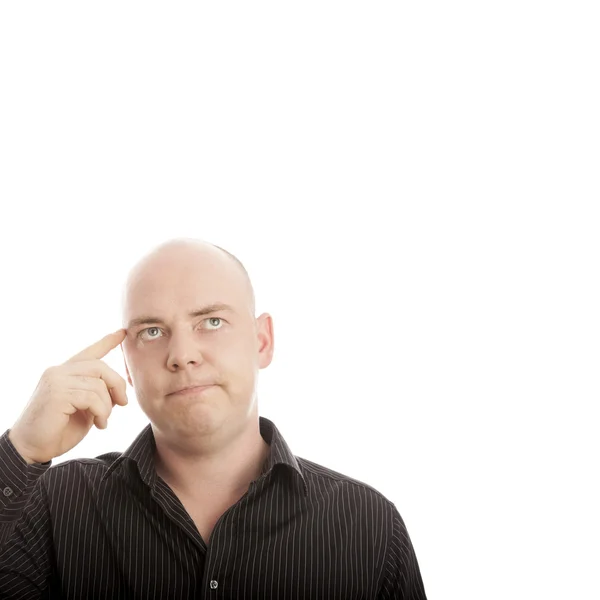 Homem careca posar na frente do fundo branco — Fotografia de Stock