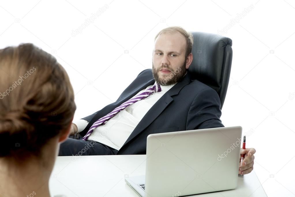 beard business man brunette woman at desk ignore