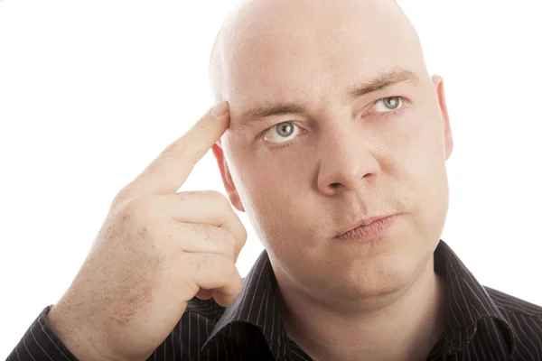 Homem careca com pensamento dedo — Fotografia de Stock