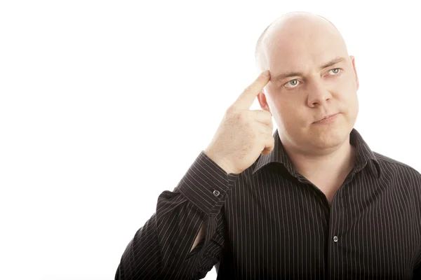Homem careca com pensamento dedo — Fotografia de Stock