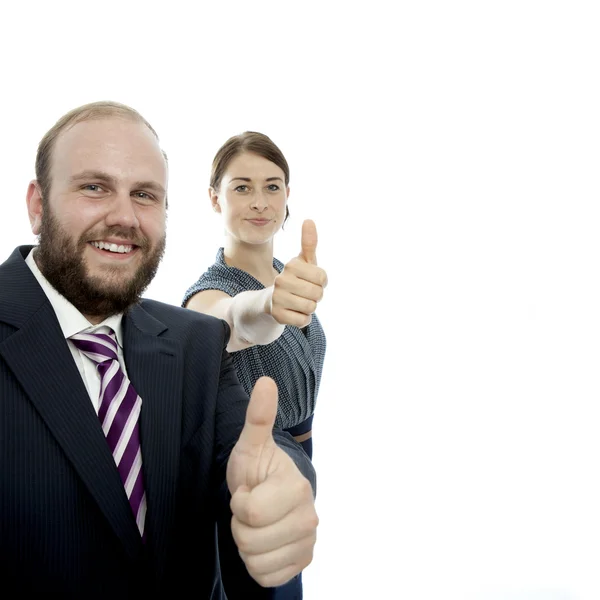 Joven morena mujer y barba negocio hombre pulgar hacia arriba — Foto de Stock