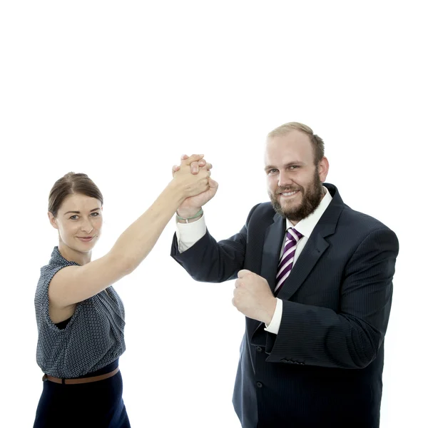 Young brunette woman beard business man handshake — Stock Photo, Image