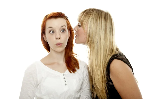 Young beautiful red and blond haired girls tells a secret — Stock Photo, Image