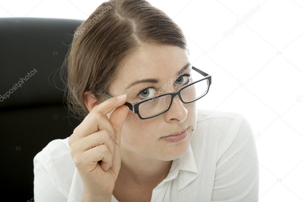 young brunette business woman squint over glasses