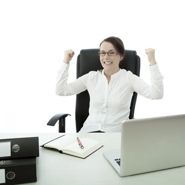 Young brunette businesswoman with glasses scream with arms in air — Stock Photo, Image