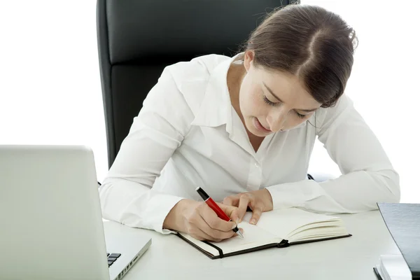 Jonge brunette zakenvrouw tekst in boek schrijven — Stockfoto