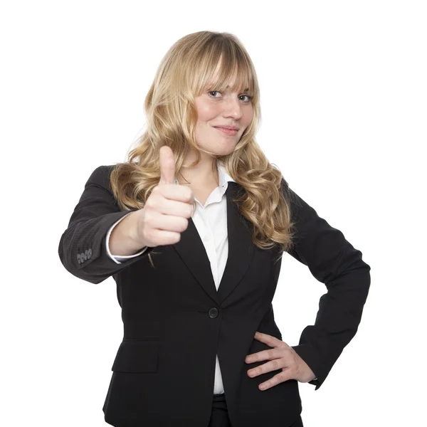 Mujer en traje corporativo mostrando pulgares hacia arriba mano — Foto de Stock