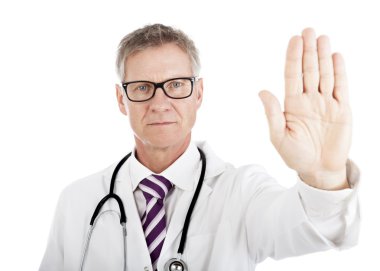 Stern doctor holding up his hand in a Halt gesture clipart