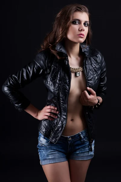 Sexy woman in leather jacket — Stock Photo, Image