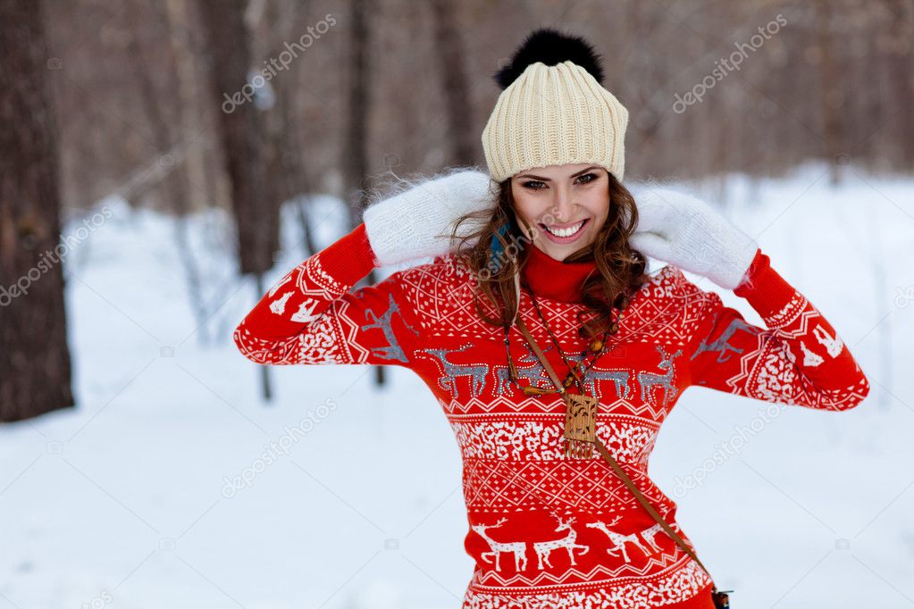 Winter portrait of beautiful happy woman